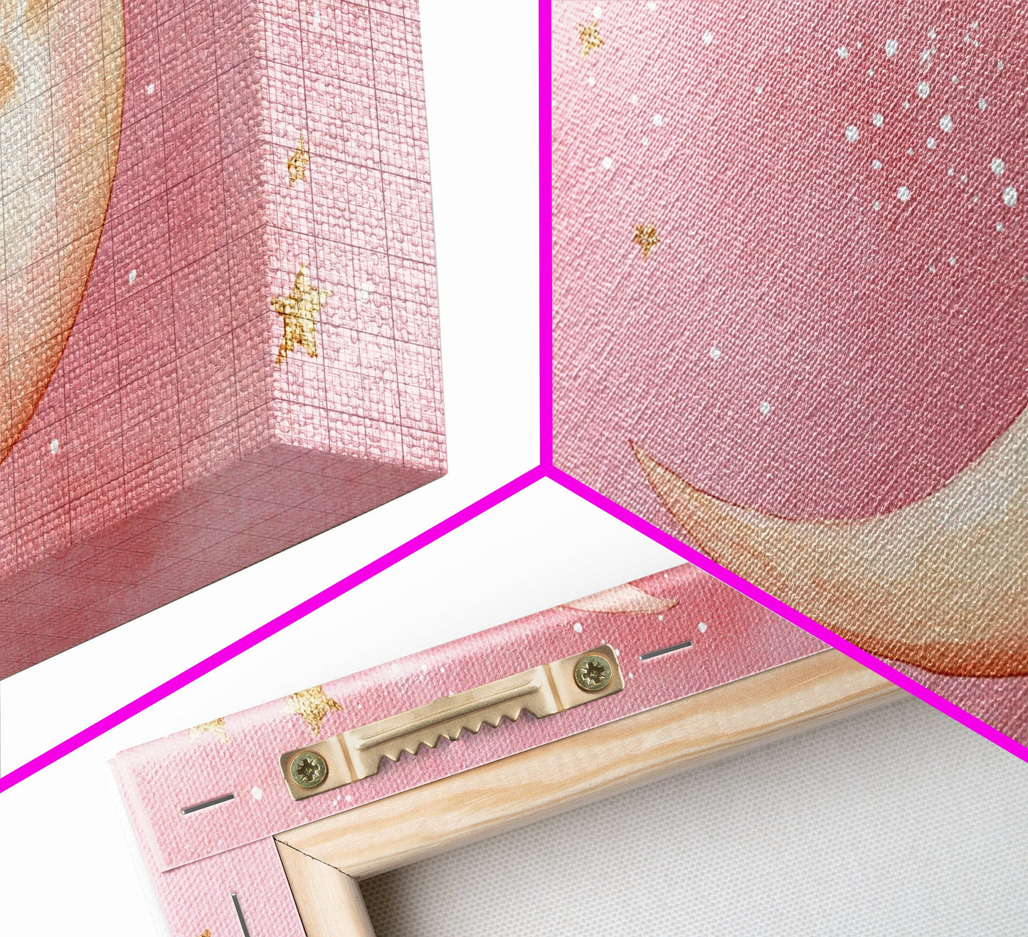 Golden Crescent Moon Canvas Print, Light Pink Wall Art, Whimsical Celestial Art, Bedroom or Dorm Decor, Christmas Gift Idea