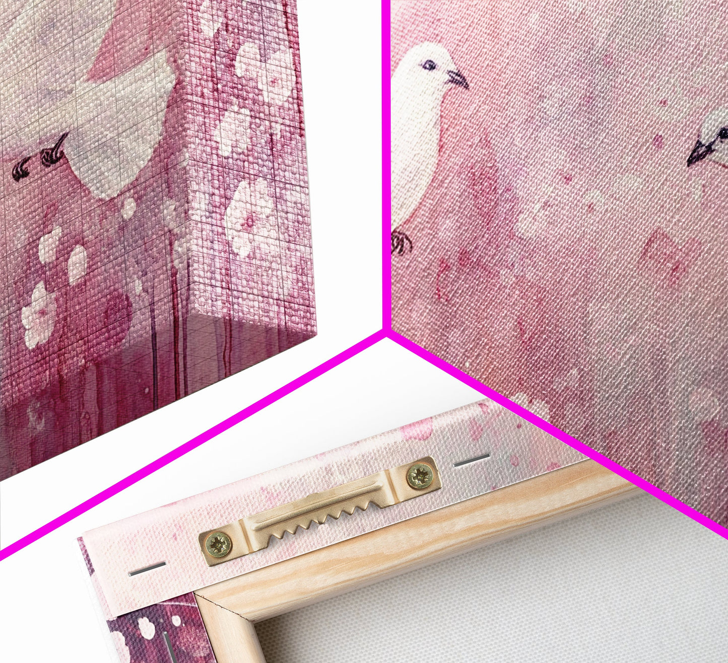 Romantic Doves Framed Canvas Print, Whimsical Pink and White Wall Art, Cherry Blossom Painting, Bedroom or Living Room Gift Idea