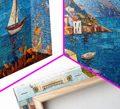 Coastal Sailboat Scene Mosaic Canvas Print - Nautical Decor Seascape Painting - Rustic Fall Wall Art Above Sofa Coastal Home Art