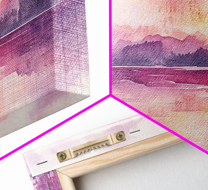 Sunset Landscape Art Framed Canvas Print Pink Orange Wall Art Living Room Art Panoramic Painting Above Couch Art Coastal Decor