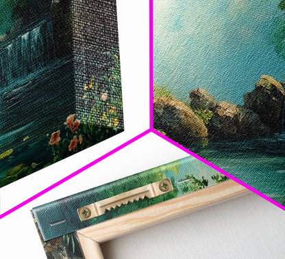 Ruhiges Wasserfall-Landschaftsbild, gerahmter Leinwanddruck, rustikale Wohnzimmerdekoration, friedliche Naturszene, Wandbild im Landhausstil