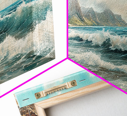 Coastal Landscape Canvas Print with Ocean Waves and Misty Cliffs, Nautical Wall Art Gift Idea, Coastal Decor Beach Painting