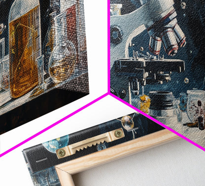 Science Art Framed Canvas Print, Microscope Molecular Wall Decor, Unique Therapy Art, Coastal Modern Living Room Art Gift Idea