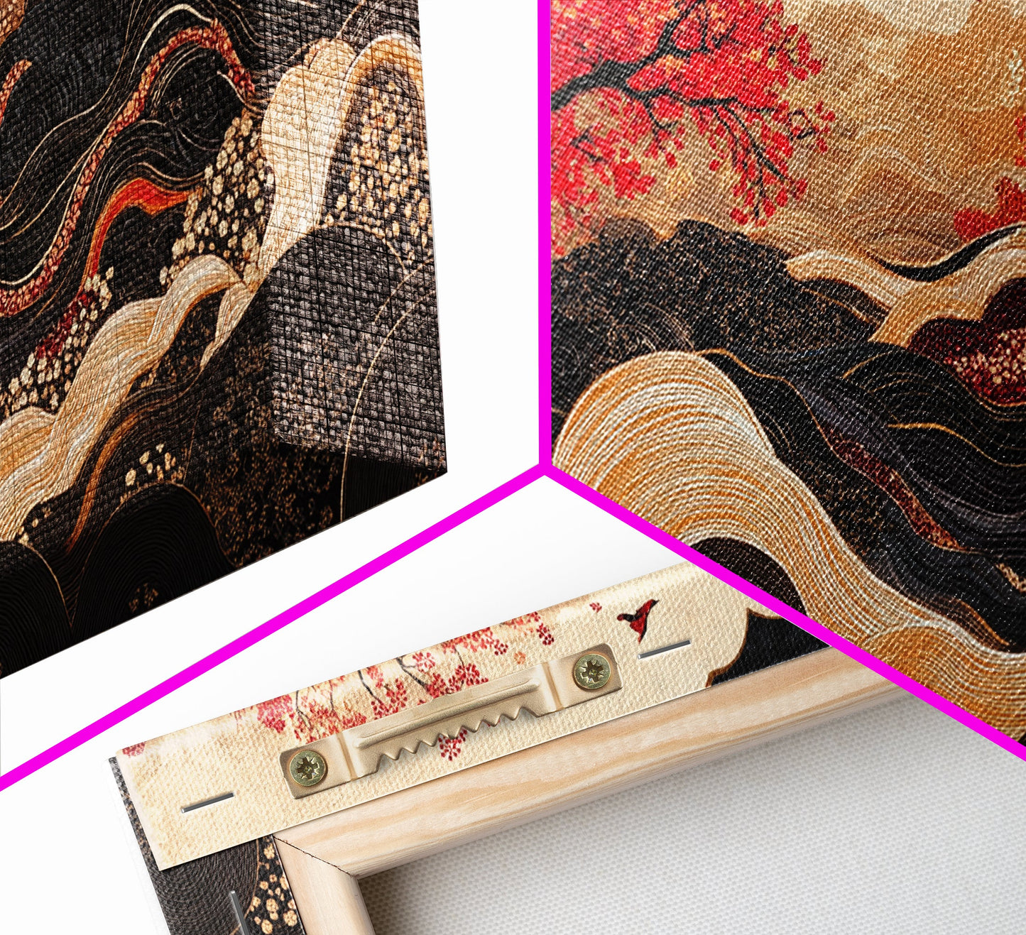 Japanese Inspired Framed Canvas Print Featuring Chinoiserie Wall Art and Autumn Tree Painting Unique Horizontal Living Room Art