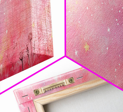 Crescent Moon Painting Canvas Print with Whimsical Starry Sky, Pink Wall Art for Living Room or Guest Room, Dreamy Decor