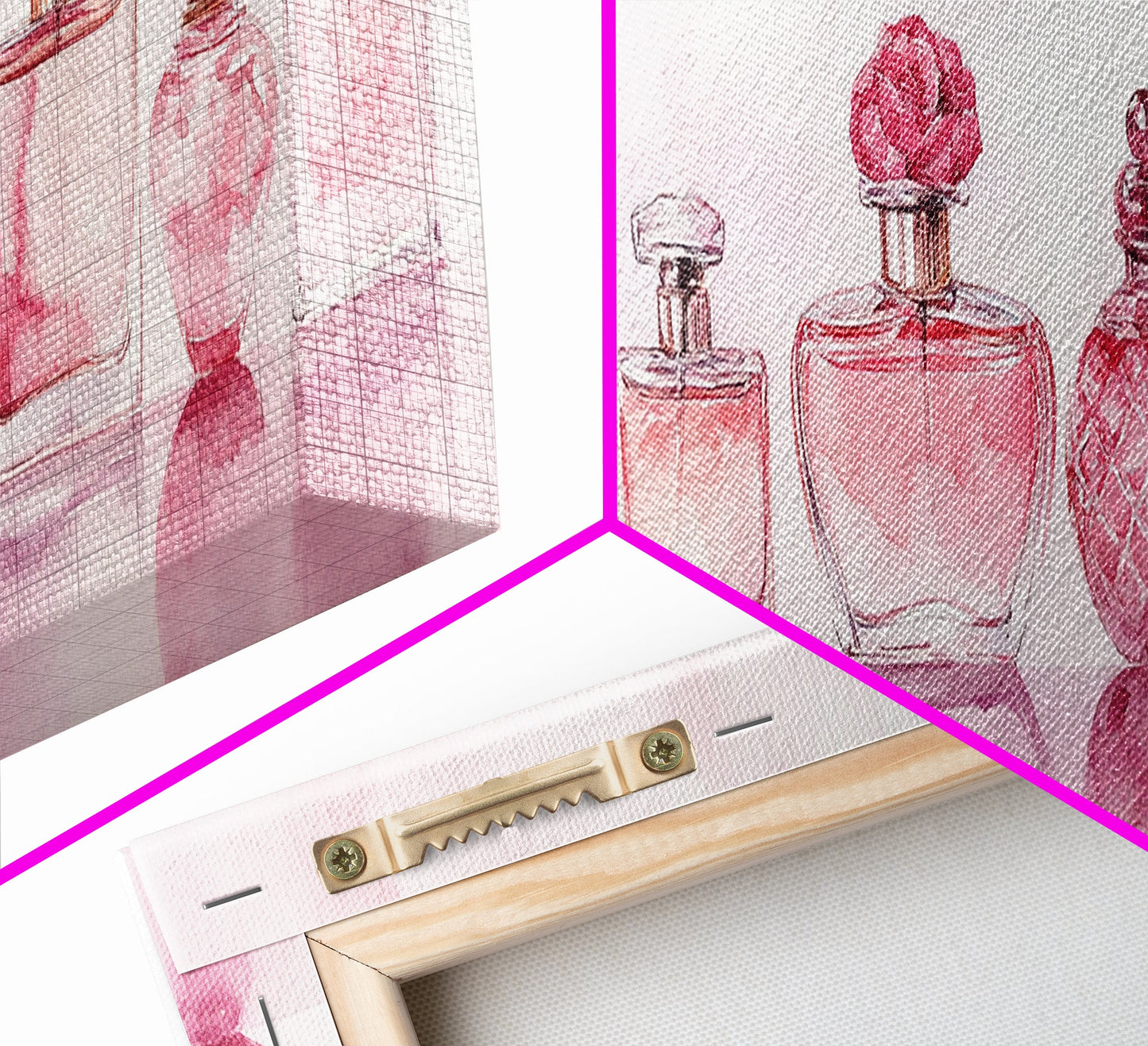 Framed Canvas Print Perfume Bottle Art Pink Abstract Art Feminine Decor Gift Idea Minimalist Living Room Wall Art Horizontal Painting