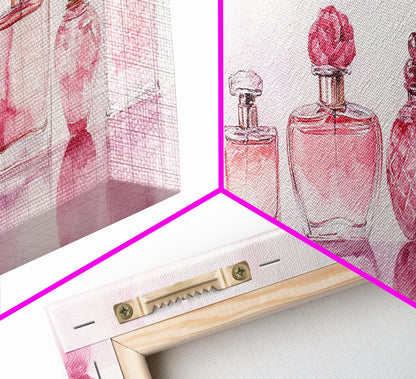 Framed Canvas Print Perfume Bottle Art Pink Abstract Art Feminine Decor Gift Idea Minimalist Living Room Wall Art Horizontal Painting