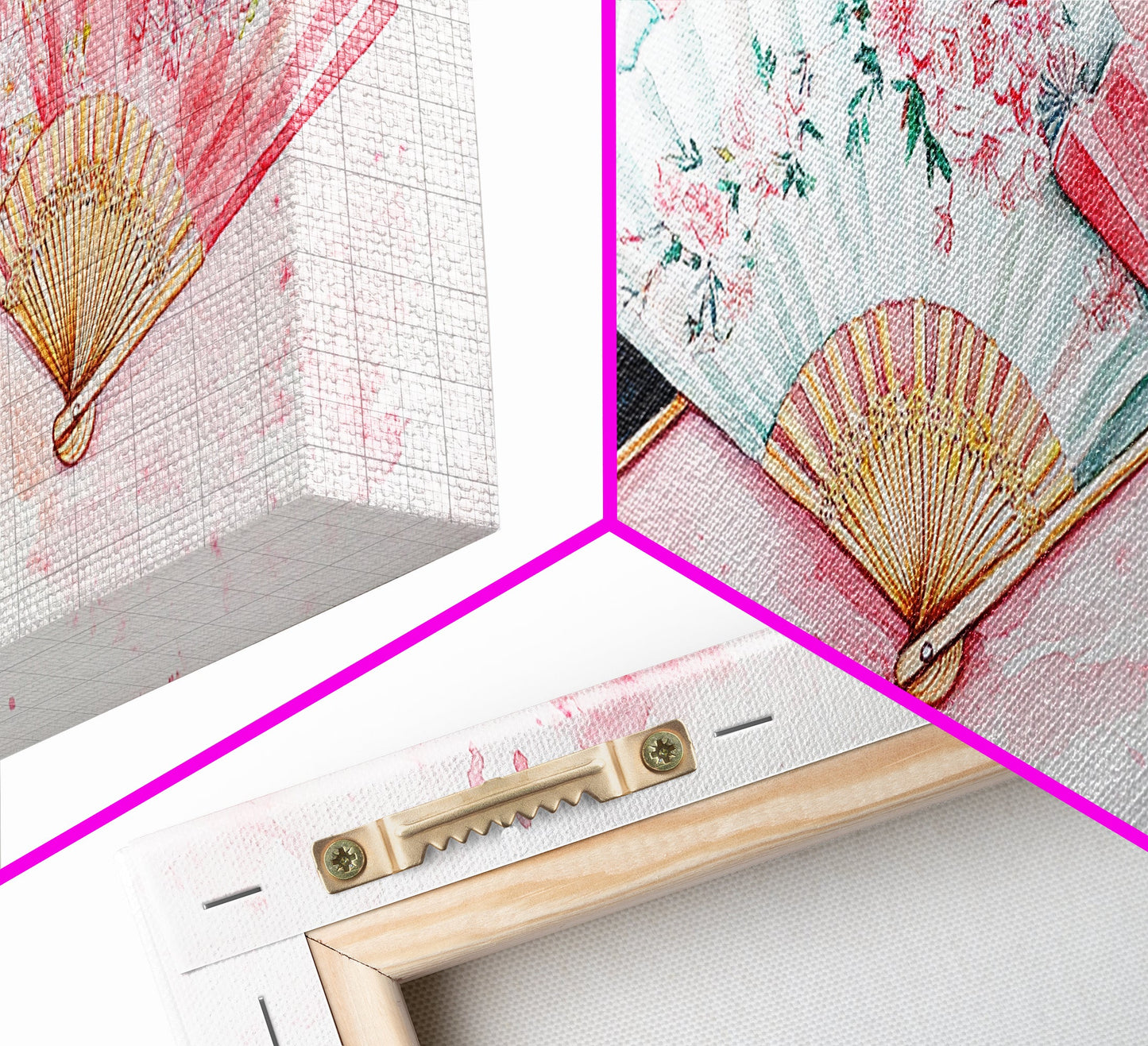 Floral Hand Fan Art Framed Canvas Print Chinoiserie Pink Wall Art Botanical Prints Horizontal Bedroom Living Room Décor Gift Idea