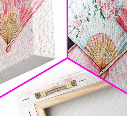 Floral Hand Fan Art Framed Canvas Print Chinoiserie Pink Wall Art Botanical Prints Horizontal Bedroom Living Room Décor Gift Idea