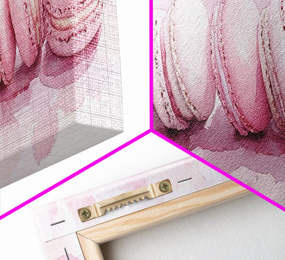Whimsical Macarons Pink Wall Art Framed Canvas Print Extra Wide Horizontal Dessert Painting Food Review Kitchen Art