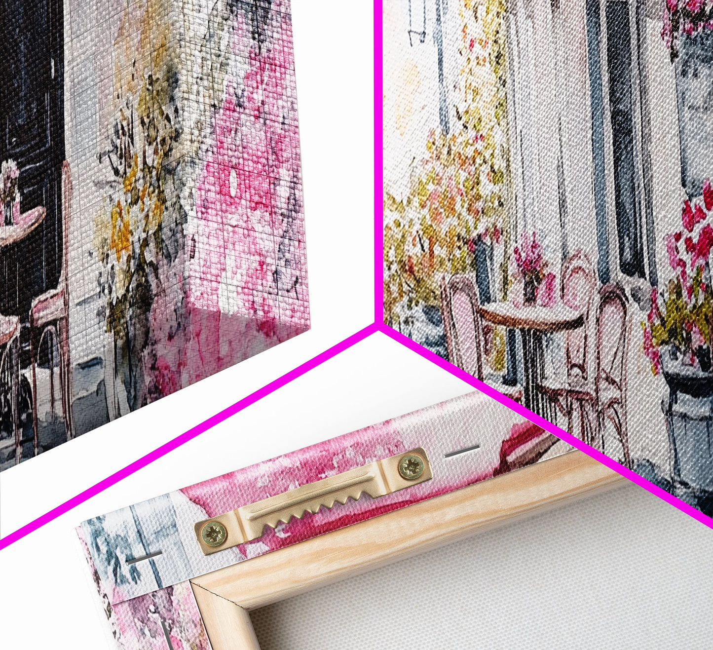 Parisian Cafe Cherry Blossom Painting Framed Canvas Print Extra Wide Art Horizontal Wall Art Rustic Above Sofa Decor