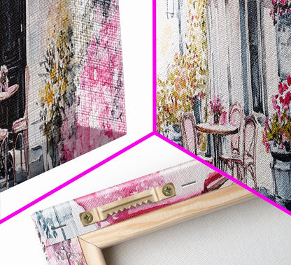 Parisian Cafe Cherry Blossom Painting Framed Canvas Print Extra Wide Art Horizontal Wall Art Rustic Above Sofa Decor