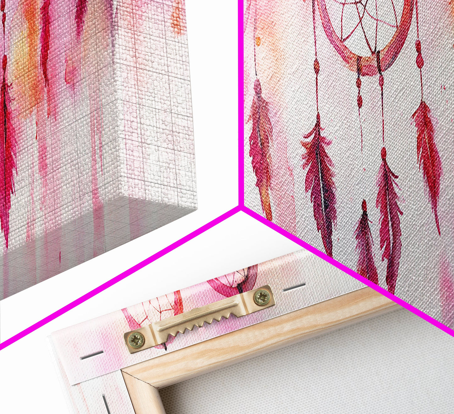 Dreamcatcher Canvas Print, Pink Orange Wall Art with Whimsical Artistic Feathers, Boho Art Idea for Living Room or Above Couch