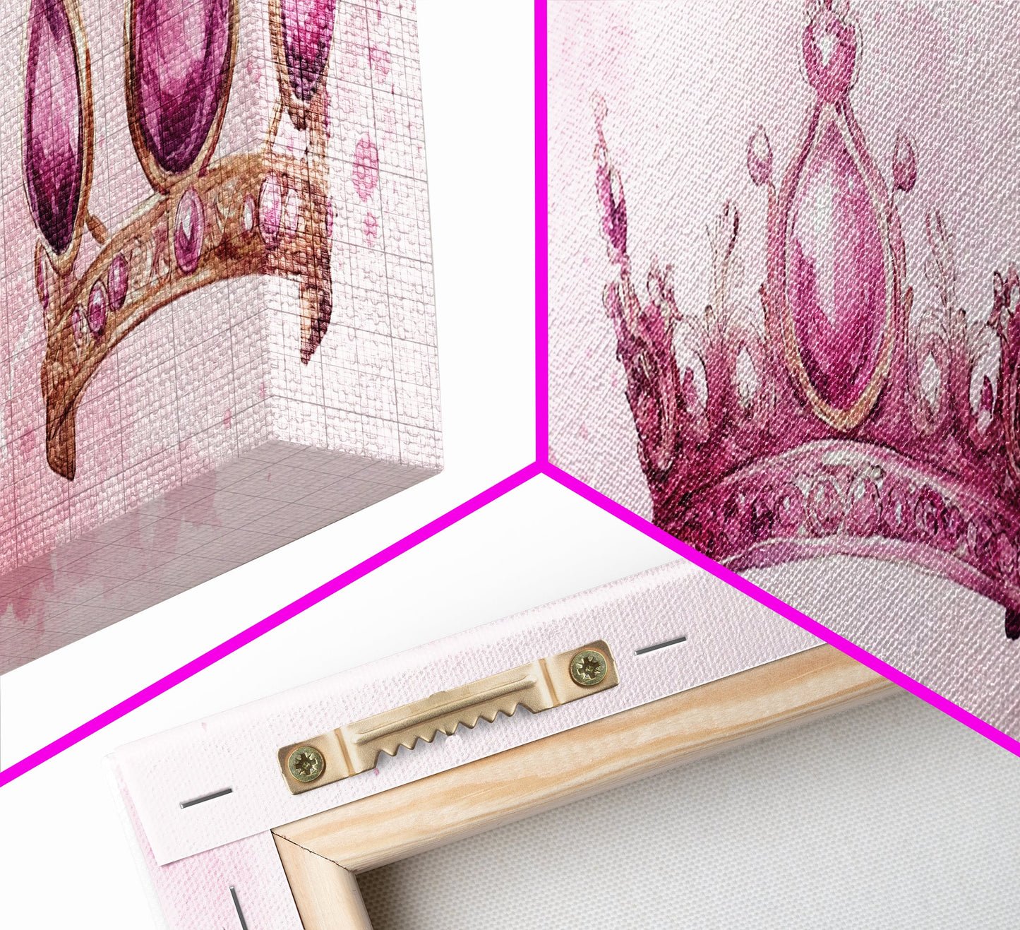 Pink Regal Crowns Canvas Print Gemstone Painting Royal Artwork Pink Abstract Art Above Bed Wall Art Feminine Glam Room Decor Gift