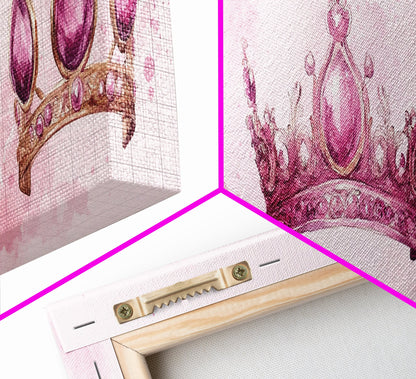 Pink Regal Crowns Canvas Print Gemstone Painting Royal Artwork Pink Abstract Art Above Bed Wall Art Feminine Glam Room Decor Gift
