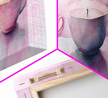 Candlelight Framed Canvas Print, Cozy Pastel Teacup Candles Art, Light Pink Wall Decor, Bedroom or Dining Room Whimsical Artwork