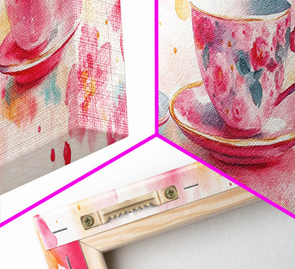 Pink Teacup Canvas Print Feminine Whimsical Kitchen Art Horizontal Pink Artwork Vintage Rustic Wall Art Living Room Framed Art