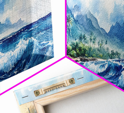 Moody Coastal Seascape Framed Canvas Print - Hawaii Ocean Landscape Painting, Nautical Wall Art, Extra Wide Beach Bedroom Art Decor