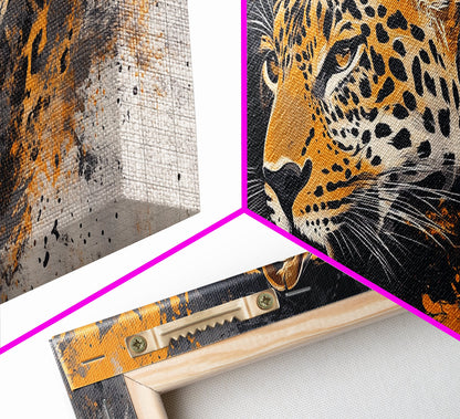 Dynamic Jungle Leopard Framed Canvas Print - Bold Wildlife Painting, African Wall Art, Safari Decor, Gift Idea For Him, Bedroom Wall Accent