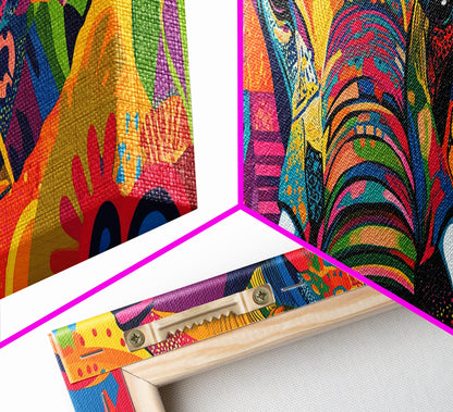 Vibrant Canvas Print of Colorful Abstract Elephant Wall Art, African Art, Whimsical Living Room Art, Boho Art, Horizontal Wall Art
