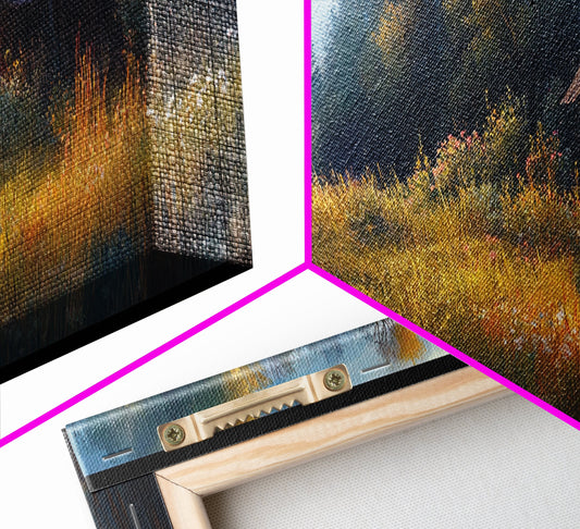 Rustic Cabin Landscape Canvas Print Farmhouse Art Cozy Cottagecore Decor Wildflower Meadow Above Couch Bedroom Wall Art Gift Idea