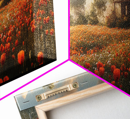 Sunlit Poppy Meadow Framed Canvas Print – Rustic Decor, California Poppy Art, Landscape Painting, Extra Wide Art, Guest Room Art