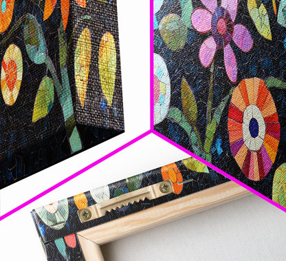 Mosaic Wall Art Wildflower Painting Framed Canvas Print, Botanical Print Horizontal Artwork, Whimsical Art Piece Above Sofa Decor