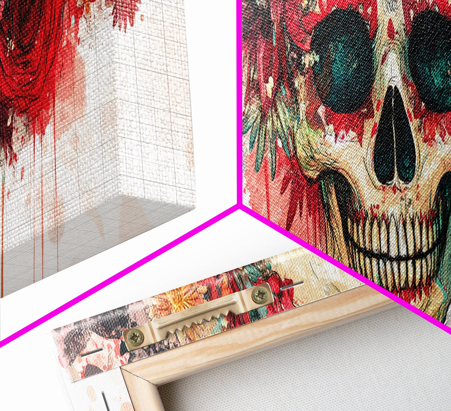 Vibrant Skull Art Framed Canvas Print, Dark Angels Wall Art with Floral Design, Skull and Rose Painting, Gothic Floral Home Decor, Boho Wall Art