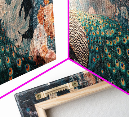 Vibrant Peacock Framed Canvas Print Mosaic Wall Art Boho Style Rustic Decor Above Sofa Art Living Room Statement Piece