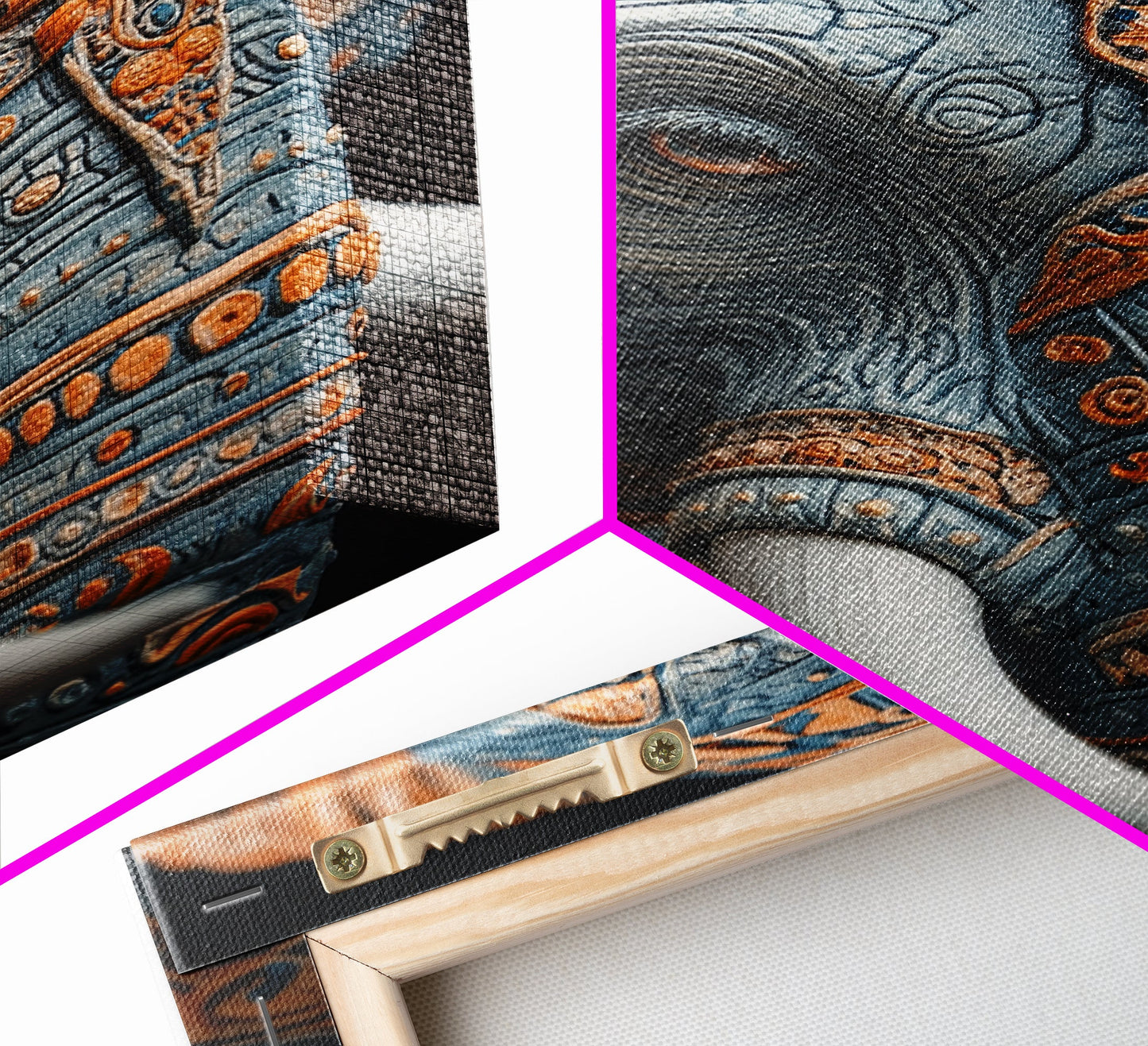 Detailed Elephant Face Framed Canvas Print – Kerala Mural Art, Sacred Geometry Decor, Ganesh Wall Art Rustic Boho Inspired Room Decor