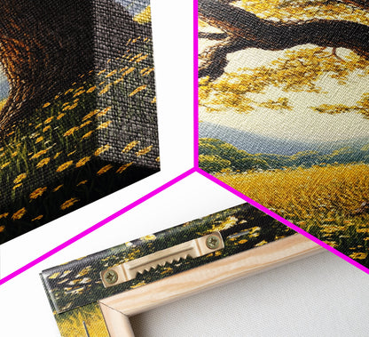 Vibrant Meadow Tree Canvas Print Rustic Wall Art Wildflower Landscape Painting Living Room Artwork Above Sofa Art Fall Decor