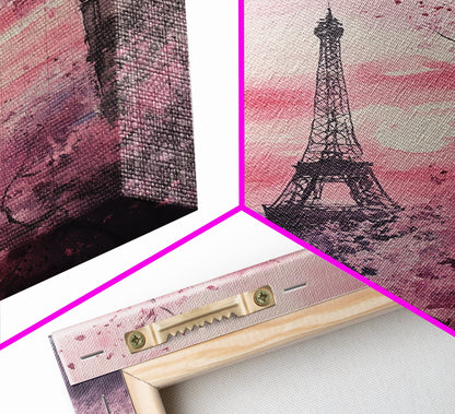 Paris Eiffel Tower Canvas Print Cherry Blossom Painting Romantic Cityscape Art Bedroom Wall Art Boho Dorm Rustic Decor Gift