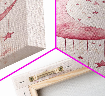 Crescent Moon and Stars Framed Canvas Print Mystical Boho Art Zen Wall Art Light Pink Wall Art Bedroom Art Dreamy Night Sky Decor