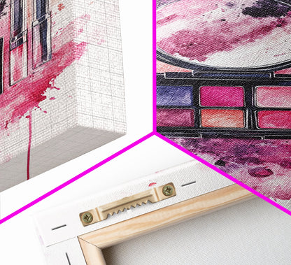 Makeup palette splash art vibrant beauty decor framed canvas print modern girly aesthetic perfect gift idea unique pink abstract art piece