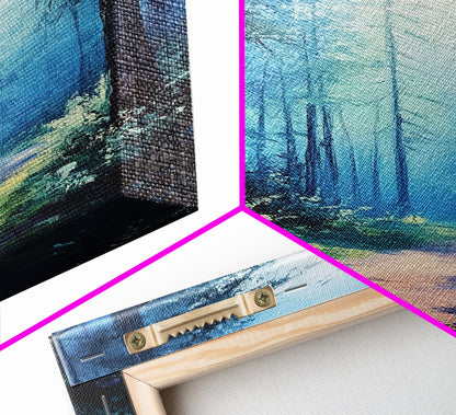 Enchanting Forest Canvas Print, Moody Blue Landscape Painting with Pine Tree Art, Above Sofa Rustic Wall Artwork