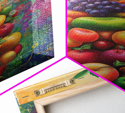 Fruit Pyramid Canvas Print with Whimsical Still Life Art, Vibrant Food Review Wall Art, Rustic Farmhouse Decor for Kitchen or Dining Area