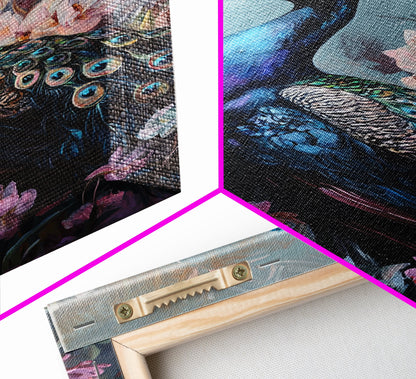 Graceful Peacock Floral Framed Canvas Print | Botanical Bird Art | Chinoiserie Wall Decor | Elegant Tropical Painting | Home Accent
