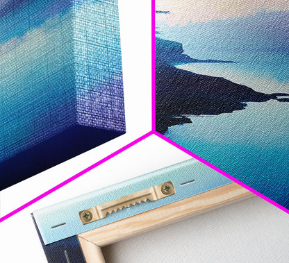 Misty Lake, forest at dusk painting, blue and green wall art, moody art, vertical wall art, pine tree art, framed canvas print