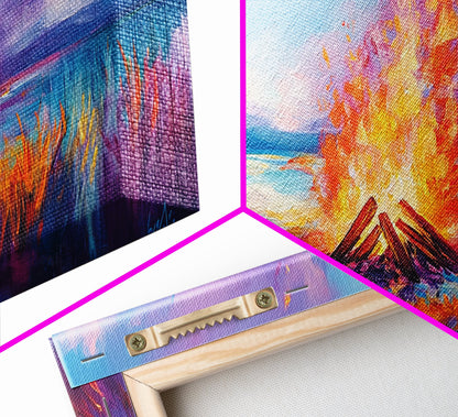 Lagerfeuer bei Sonnenuntergang, Küstenmotiv, Wandbild in Rosa und Orange, Extra breites Bild, Horizontales Wandbild, Gerahmter Leinwanddruck, Stimmungsvolle Kunst