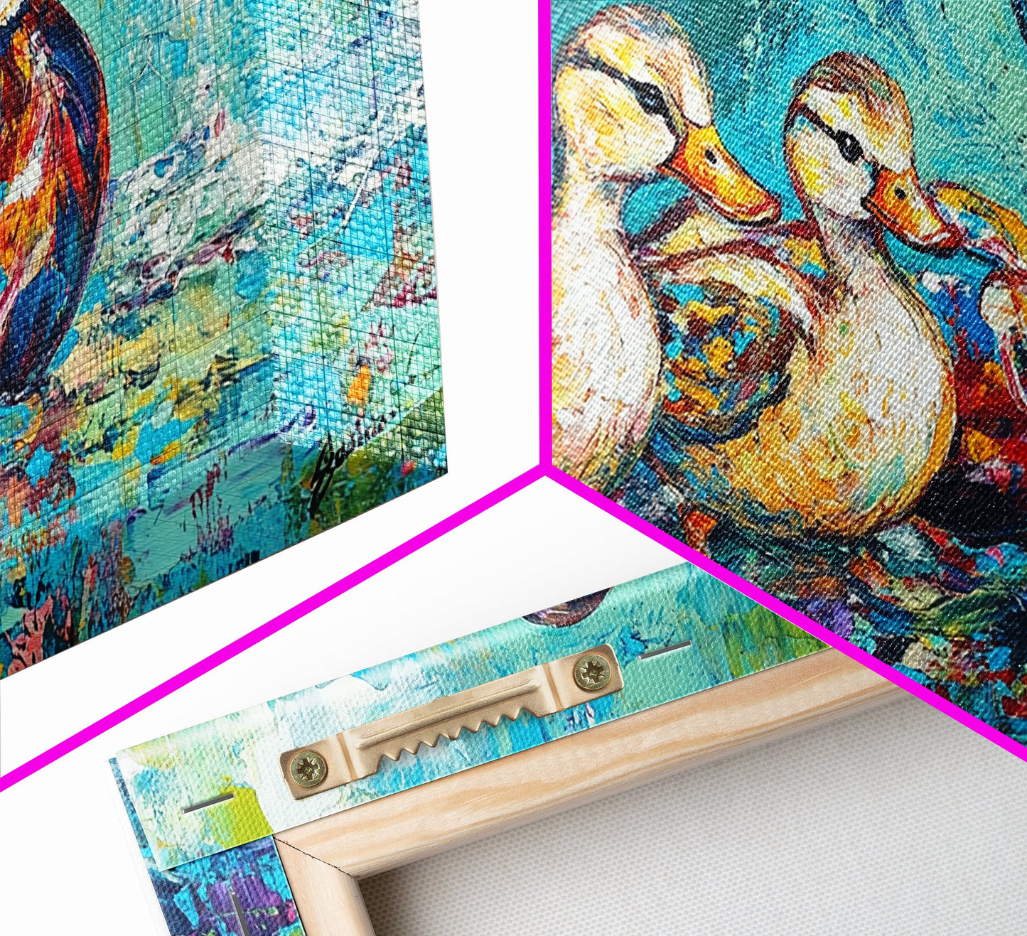 Entenfamilie, Vogelkunst, verspielte Kunst, türkisfarbene Wandbilder, Geschenkidee für sie, Landschaftsmalerei, extra breite Kunstwerke, gerahmter Leinwanddruck