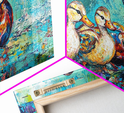 Entenfamilie, Vogelkunst, verspielte Kunst, türkisfarbene Wandbilder, Geschenkidee für sie, Landschaftsmalerei, extra breite Kunstwerke, gerahmter Leinwanddruck