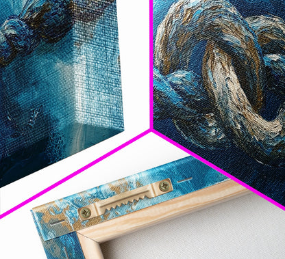 Ozeanseil, maritime Dekoration, blau-goldene Wandkunst, Küstenmalerei, Seestückmalerei, horizontale Wandkunst, gerahmter Leinwanddruck