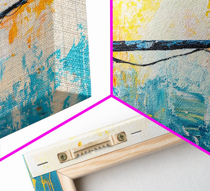 Fishing Rod, fly fishing art, nautical painting, coastal cowgirl wall art, rustic decor, blue and gold wall art, Framed Canvas Print