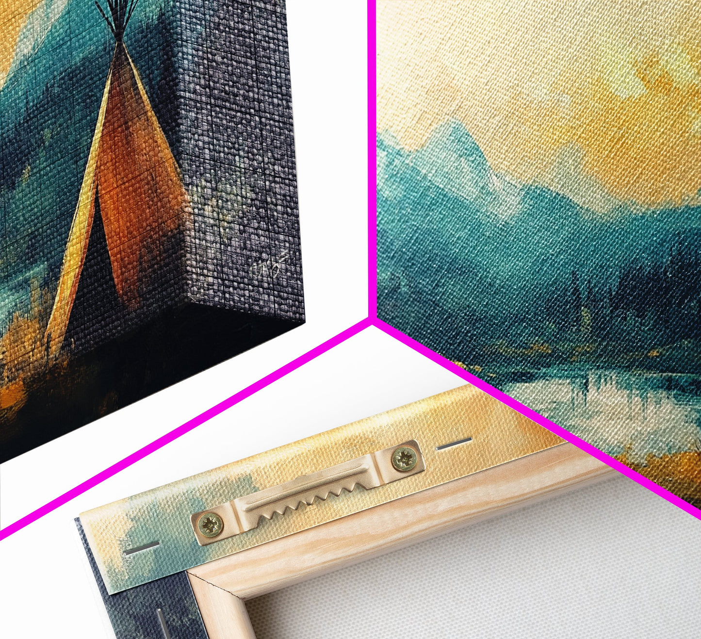 Teepee Camp, southwest wall art, landscape painting, mountain painting, rustic decor, moody art, Framed Canvas Print, panoramic painting