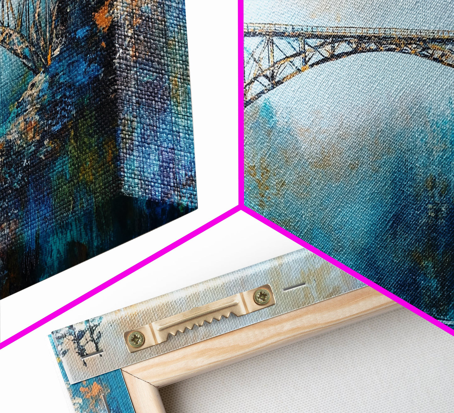 Stahlbrücke, Landschaftsmalerei, Berglandschaft, Panoramabild, gerahmter Leinwanddruck, Wandbild in Blau und Grün