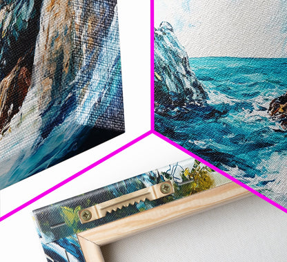 Ocean Cave, coastal landscape art, seascape painting, blue and green wall art, framed canvas print, extra wide art, beach painting