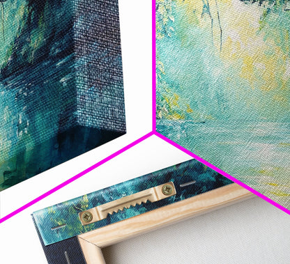 Mystischer Fluss, gerahmter Leinwanddruck, Landschaftsmalerei, stimmungsvolle Kunst, Wald in der Abenddämmerung, türkisfarbenes Wandbild, extra breites Bild