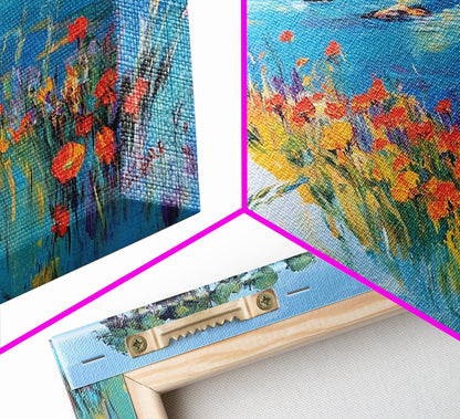 Coastal Poppies, Framed Canvas Print, California poppy art, coastal painting, wildflower painting, seascape art, above bed wall art