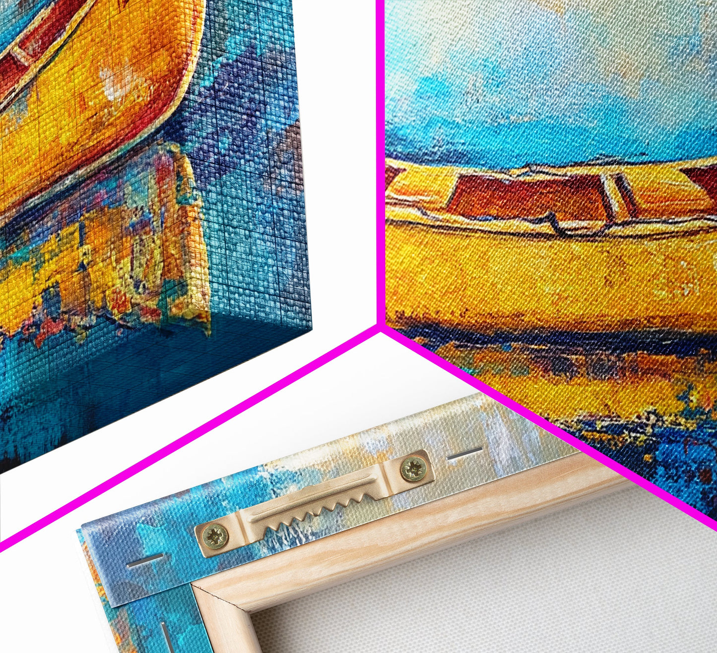 Golden Canoe, Framed Canvas Print, fisherman painting, lake Tahoe art, rustic decor, nautical decor, extra wide art, landscape painting