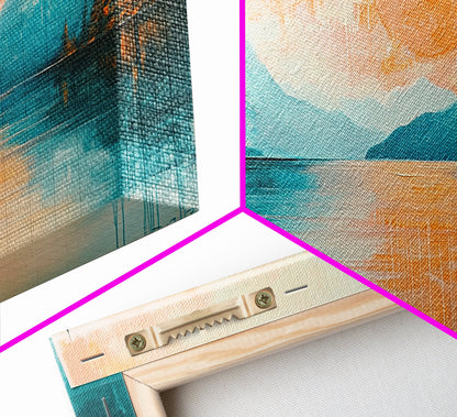 Sunset Lake, Kunst vom Lake Tahoe, gerahmter Leinwanddruck, rosa-orange Wandbild, horizontales Wandbild, Seestück, Küstendeko